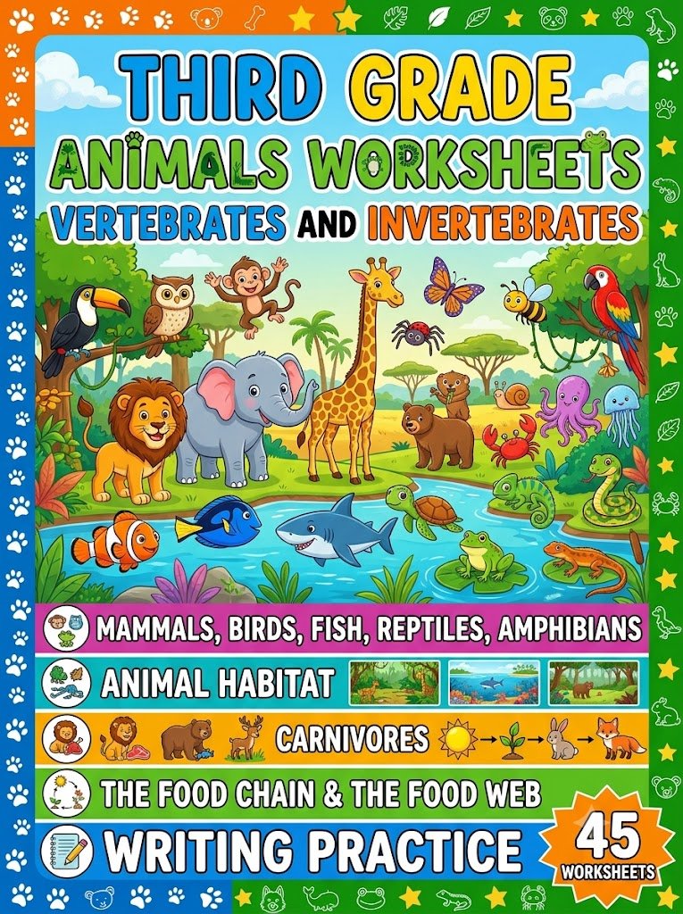 3rd Grade Animals Worksheets PDF cover featuring animal classification activities, word searches, and life science exercises.