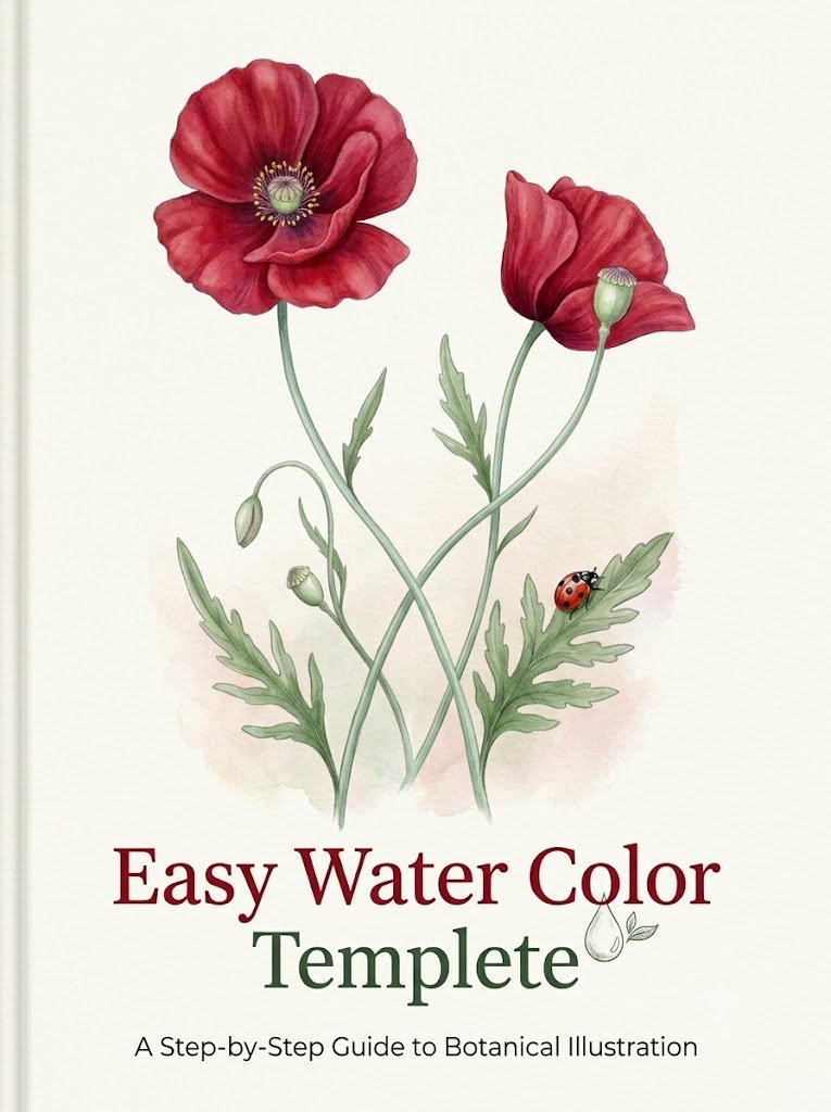Front cover of the digital ebook 'Easy Water Color Templete' showing a vibrant watercolor illustration of two red poppies, seed pods, and a ladybug on a leaf, with a cream textured paper background.