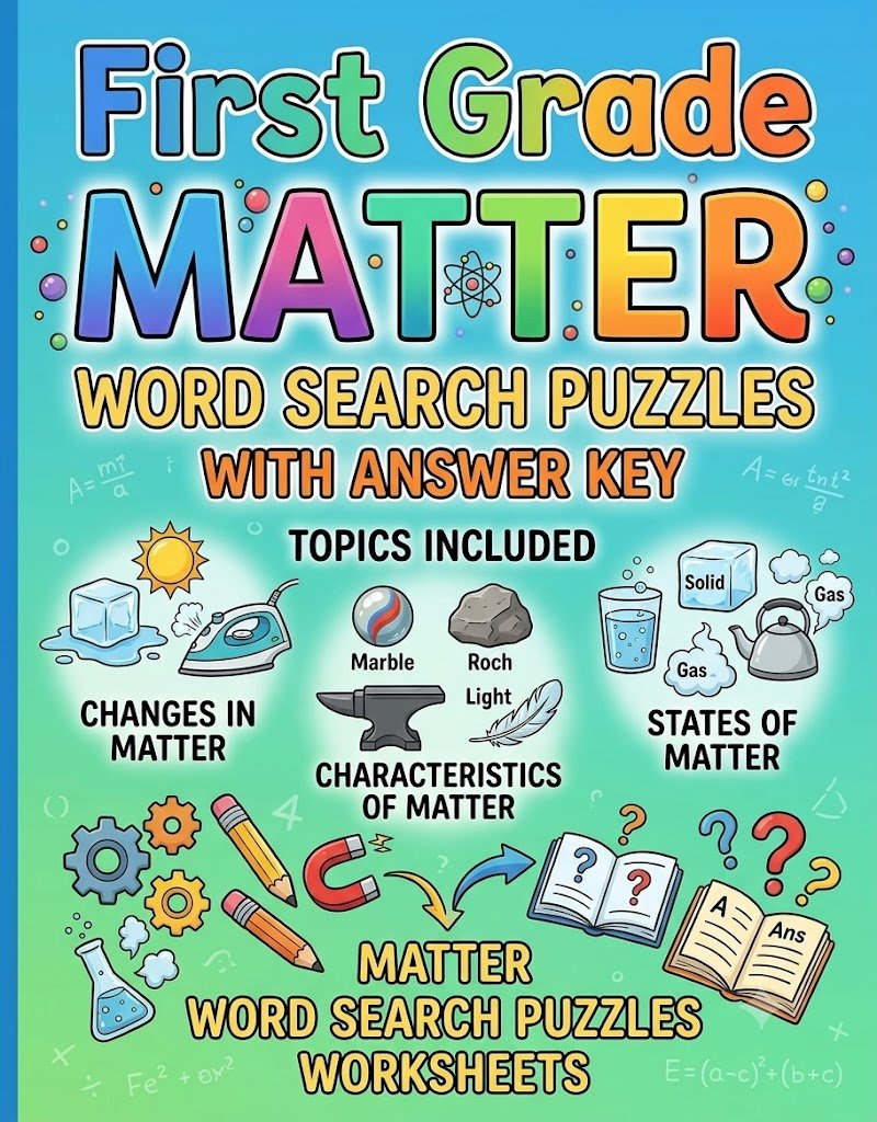 First Grade Matter Word Search Puzzles PDF cover featuring science worksheets on states, changes, and characteristics of matter with answer key pages.