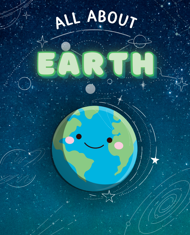 Cover image of the All About Earth educational eBook showing a cartoon illustration of a boy standing on planet Earth surrounded by clouds and orbital directional vectors.
