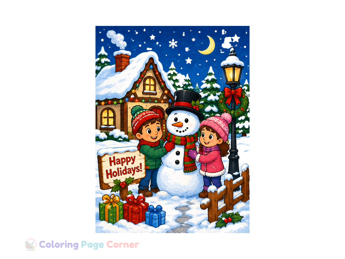 Holiday Greeting Card Scene Coloring Page