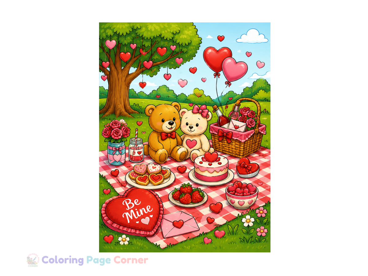 Printable Sweet Valentine Picnic Coloring Page