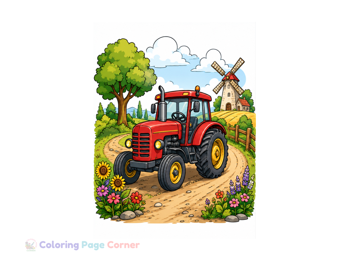 Printable Tractor on the Road Coloring Page