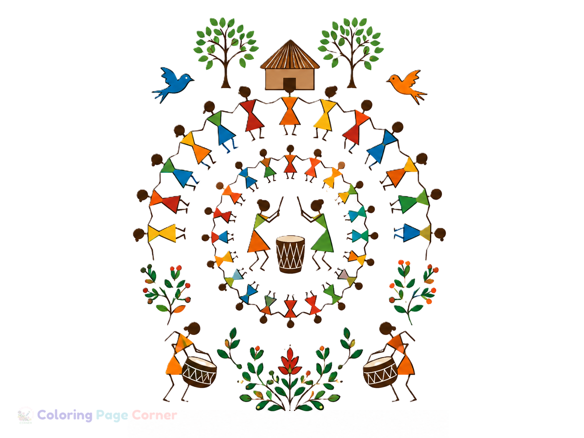Free Warli Dance Circle Pattern Coloring Page