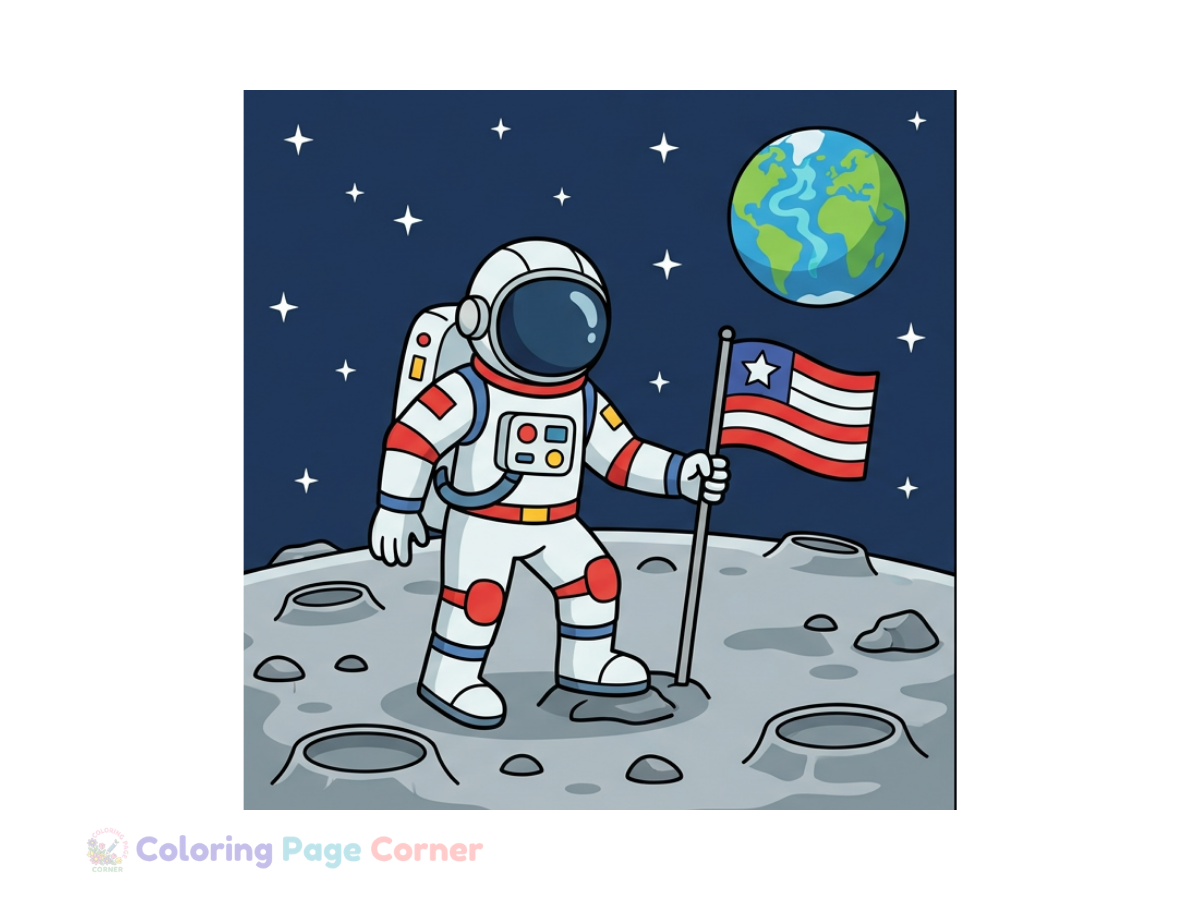 Printable Astronaut Planting a Flag on the Moon Coloring Page