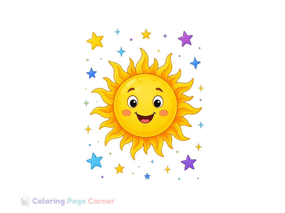 Sun and Twinkling Stars Coloring Page for Kids
