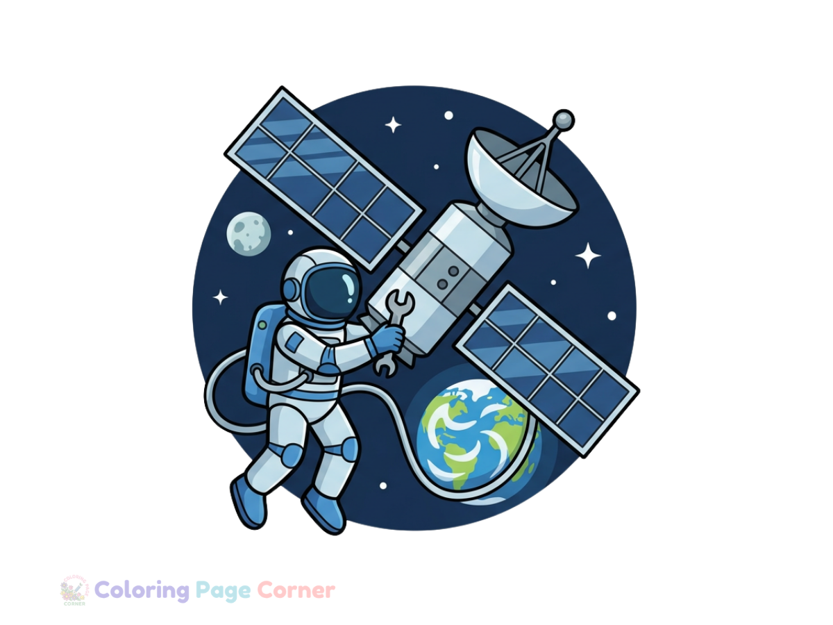 Printable Astronaut Fixing a Satellite Coloring Page