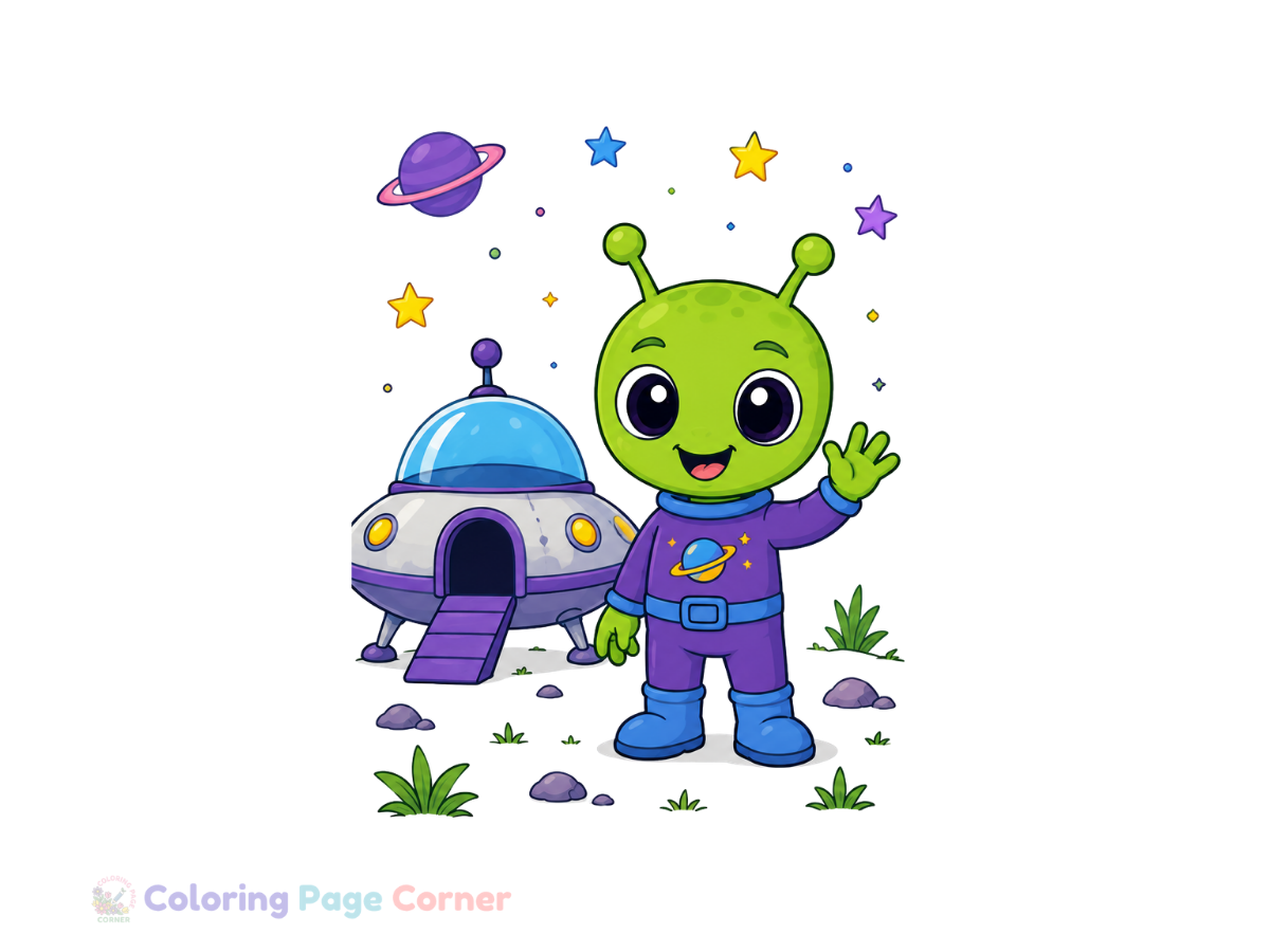 Printable Cute Alien and Spaceship Coloring Page