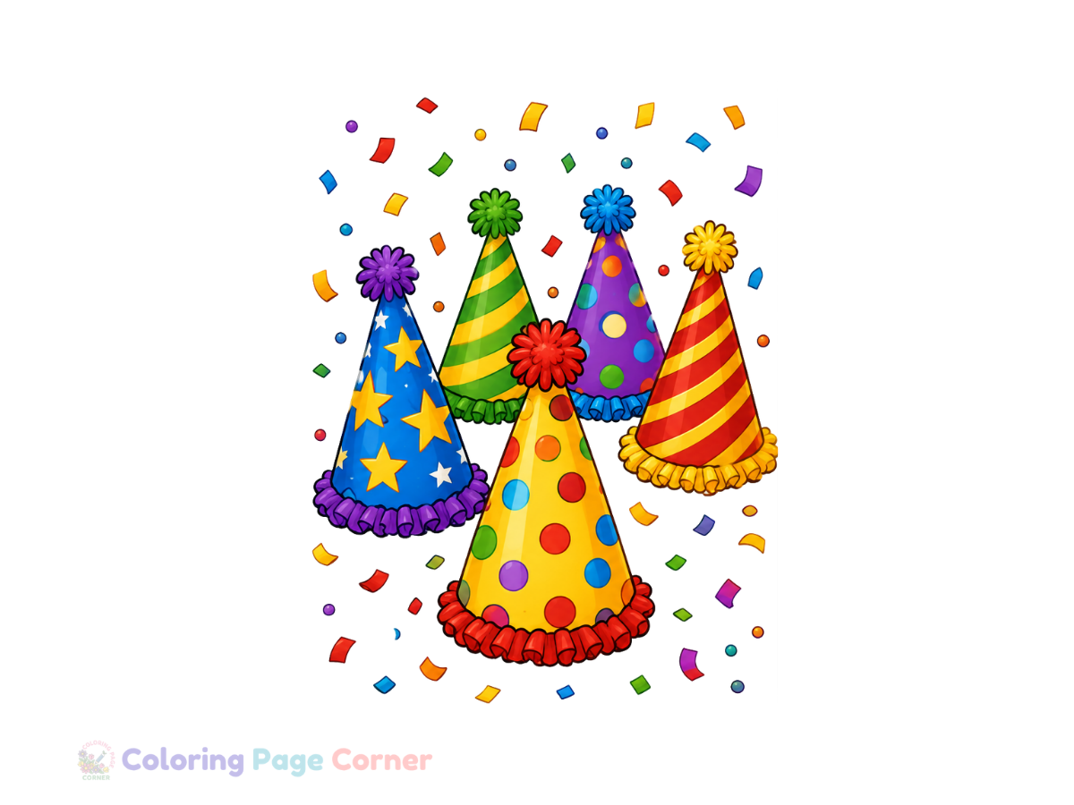 Printable Party Hats and Confetti Coloring Page