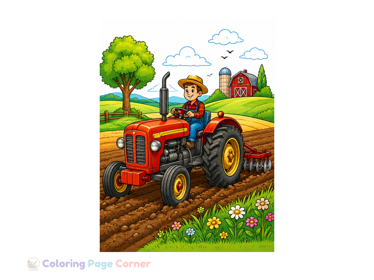 Tractor at Work Coloring Page for Kids