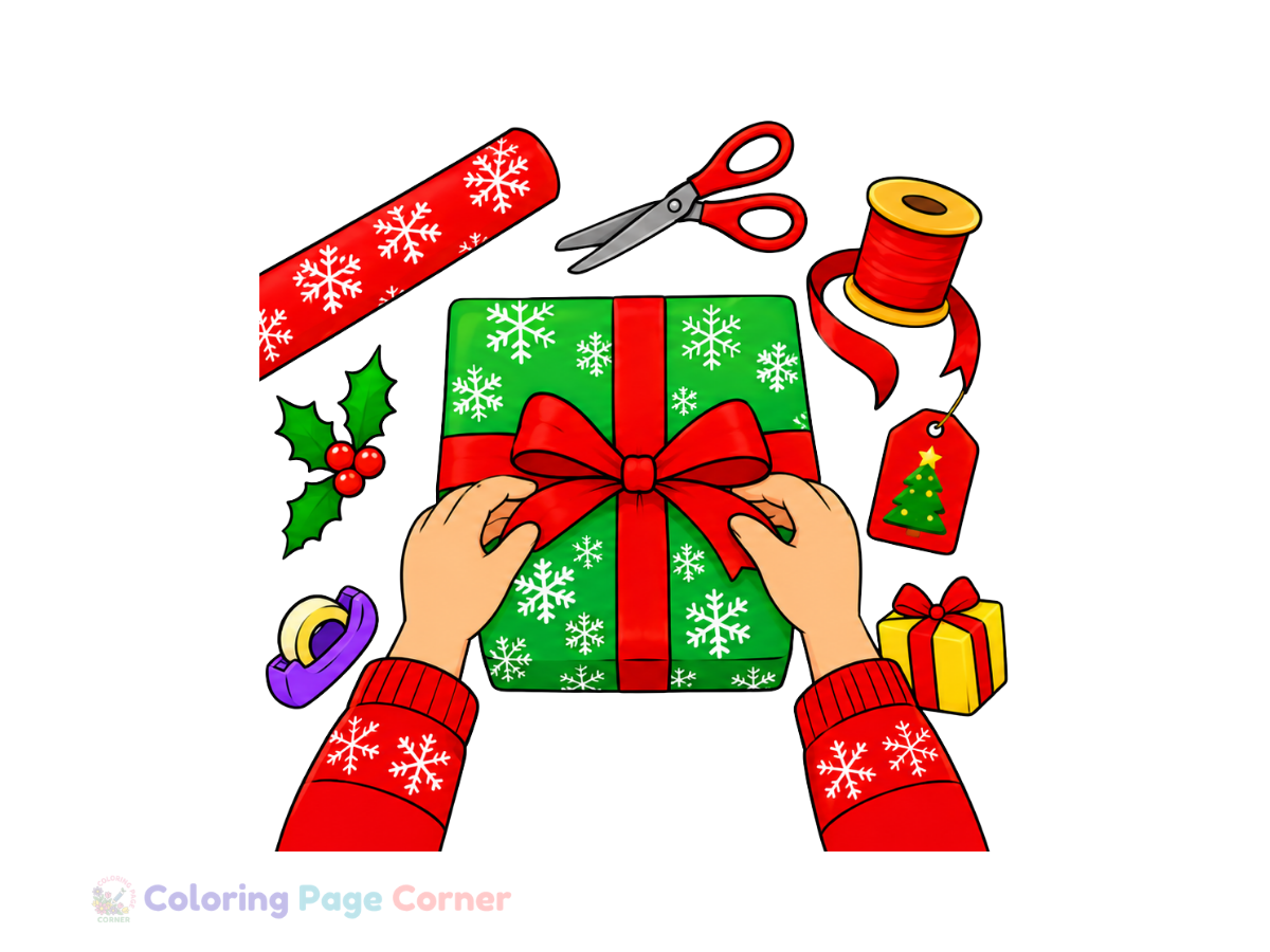 Free Holiday Gift Wrapping Scene Coloring Page