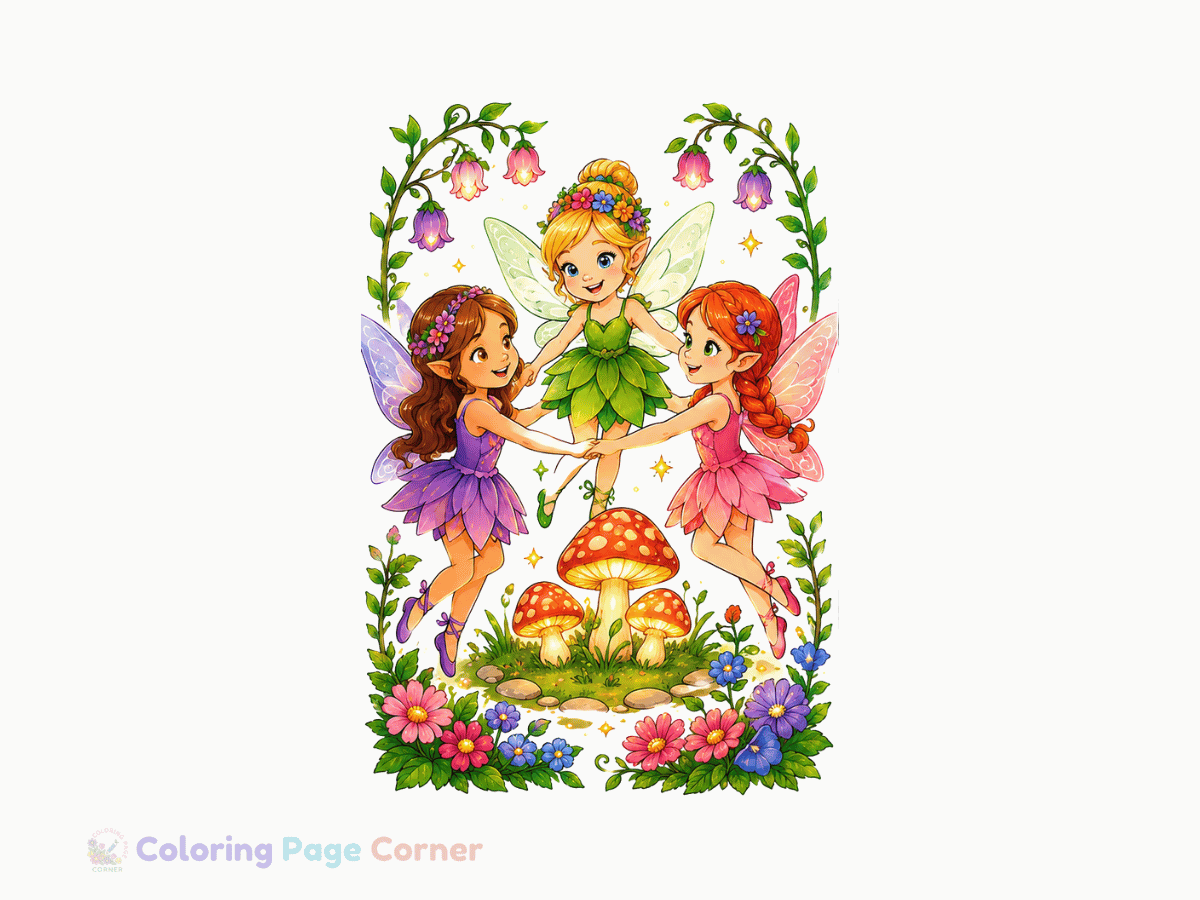 Fairy Garden Scene Coloring Page for Kids