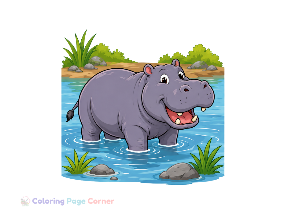 Printable Hippopotamus in the River Coloring Page