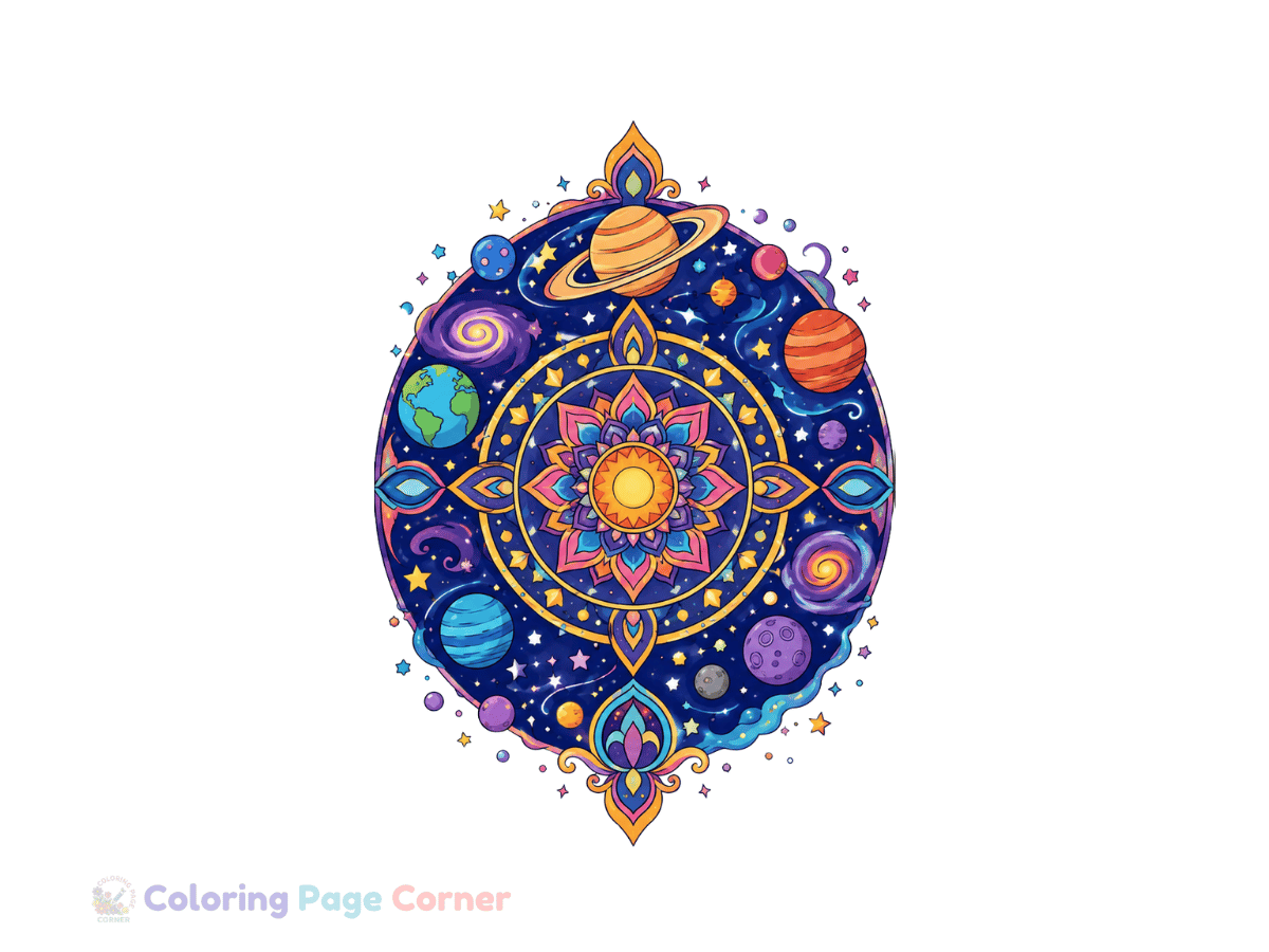 Cosmic Galaxy Mandala Coloring Page for Kids
