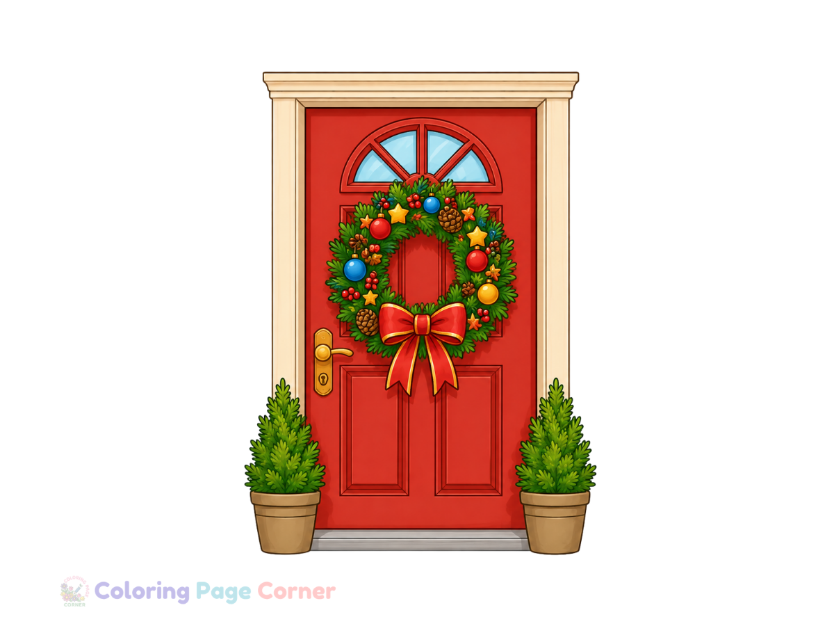 Holiday Wreath on a Door Coloring Page for Kids
