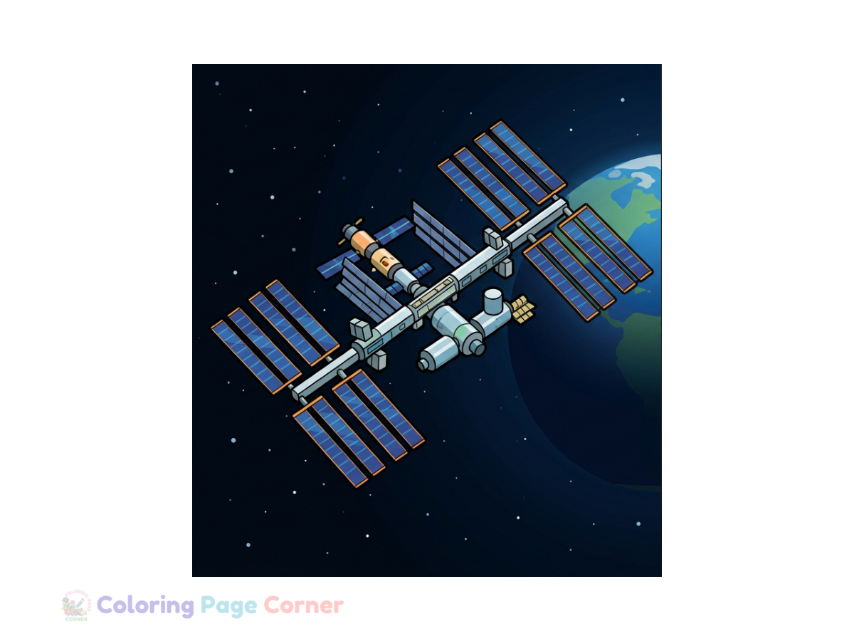 Printable Space Station in Orbit Coloring Page