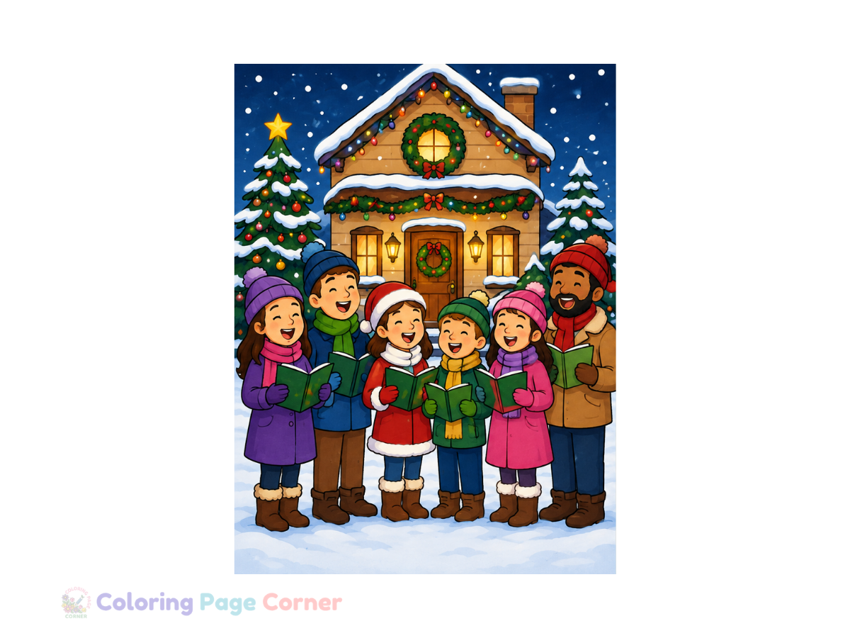 Holiday Caroling Group Coloring Page
