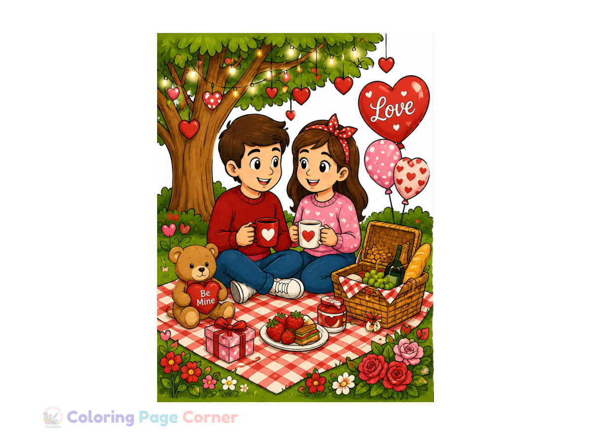 Romantic Valentine Picnic Coloring Page