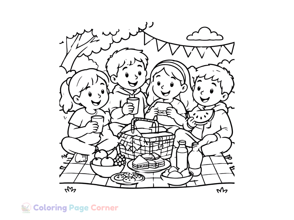 Printable Holiday Picnic Celebration Coloring Page outline