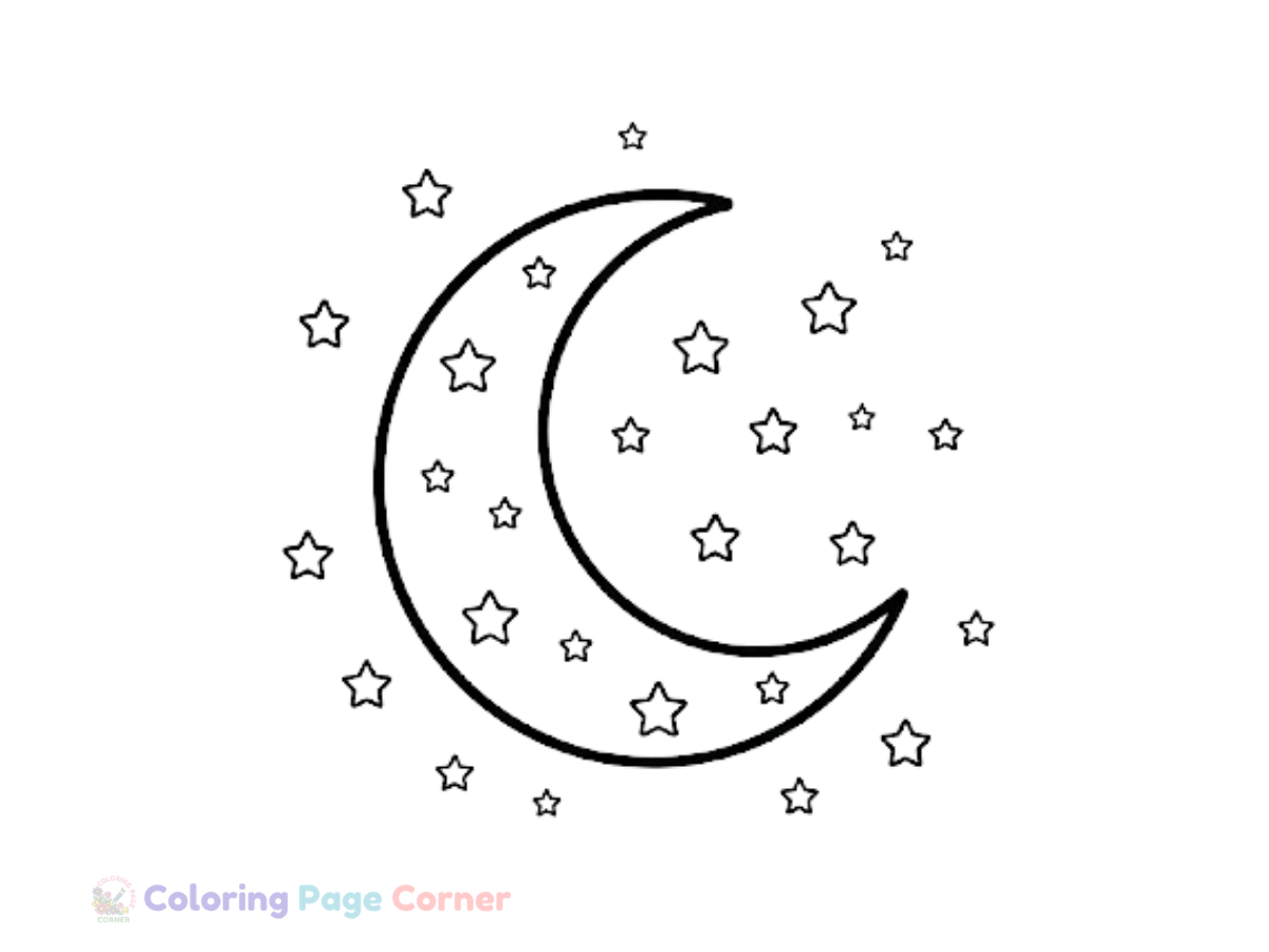 Crescent Moon and Stars Coloring Page outline