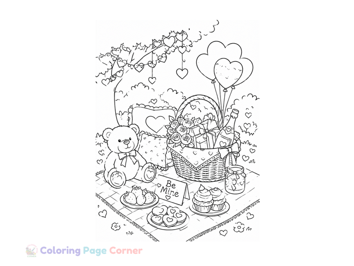 Valentine Picnic Coloring Page Coloring Page for Kids outline