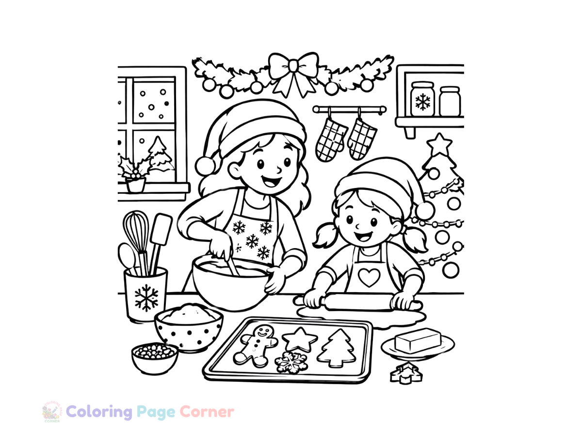 Printable Holiday Baking Scene Coloring Page outline