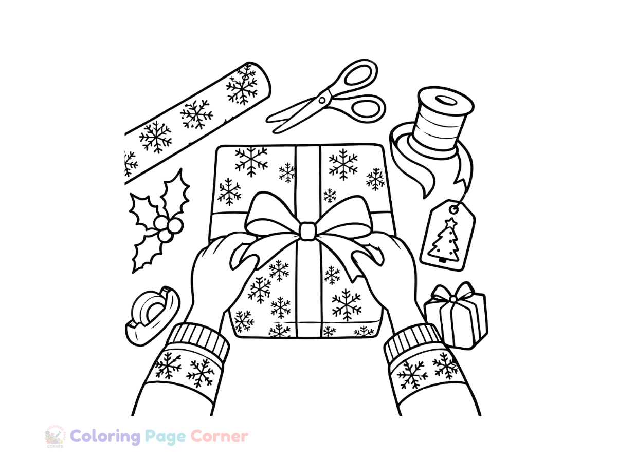 Free Holiday Gift Wrapping Scene Coloring Page outline