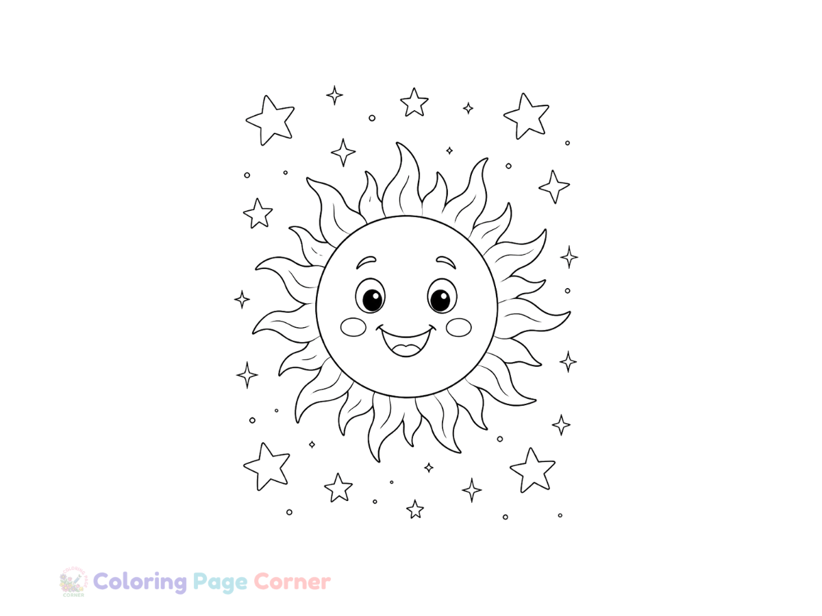 Sun and Twinkling Stars Coloring Page for Kids outline