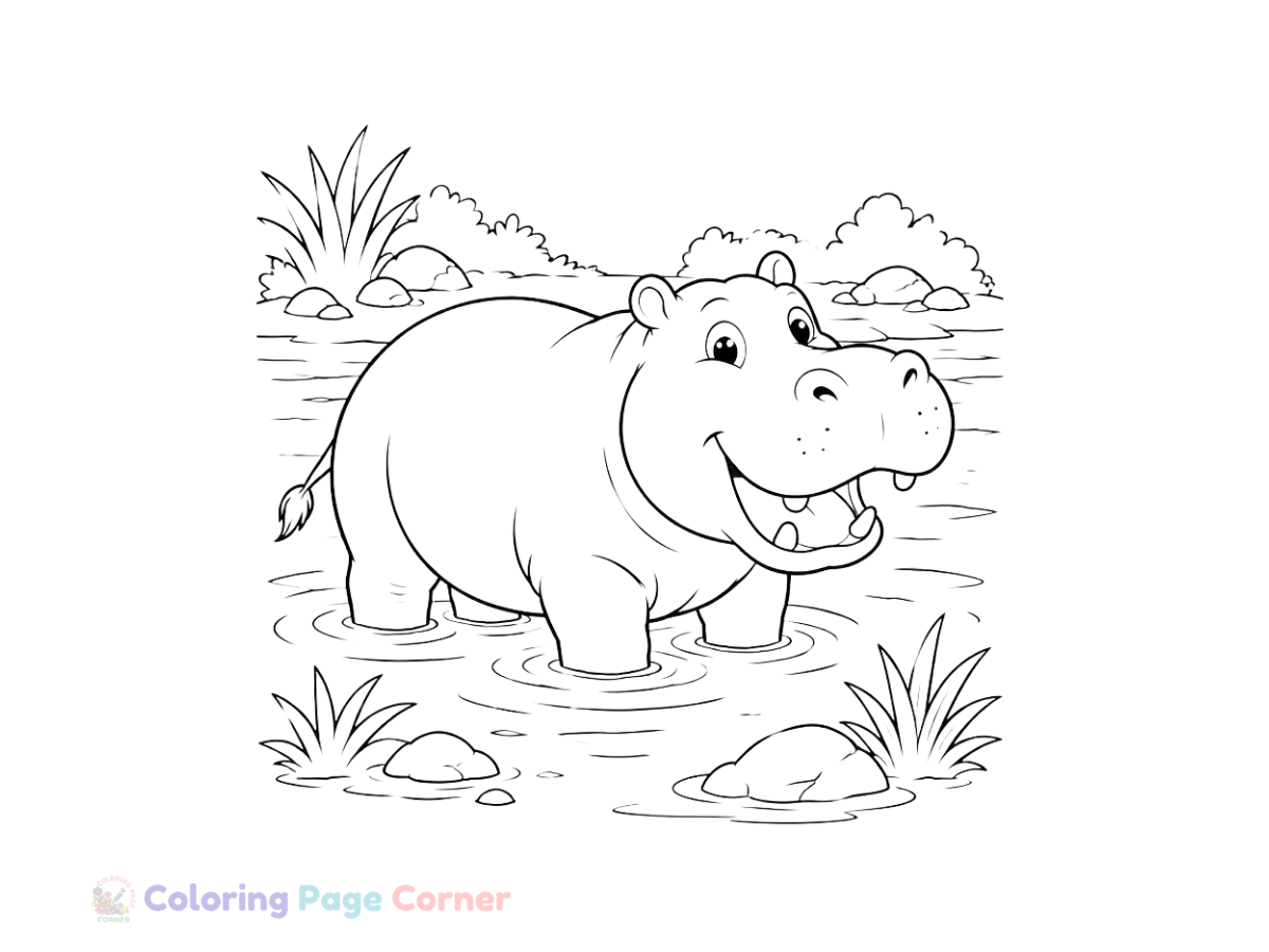 Printable Hippopotamus in the River Coloring Page outline