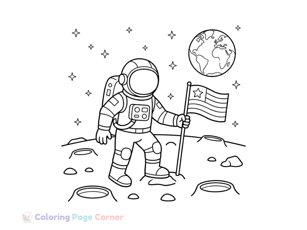 Printable Astronaut Planting a Flag on the Moon Coloring Page outline