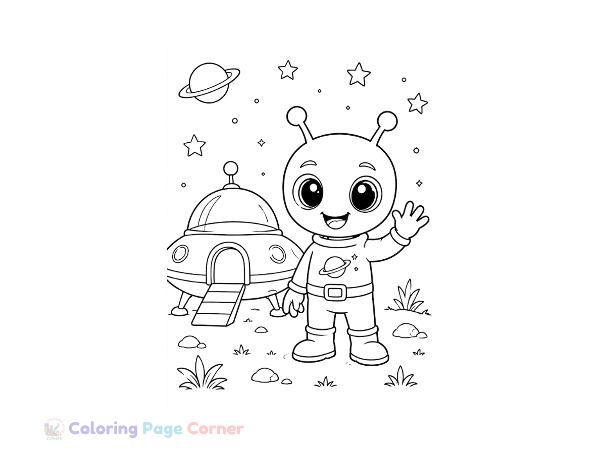 Printable Cute Alien and Spaceship Coloring Page outline
