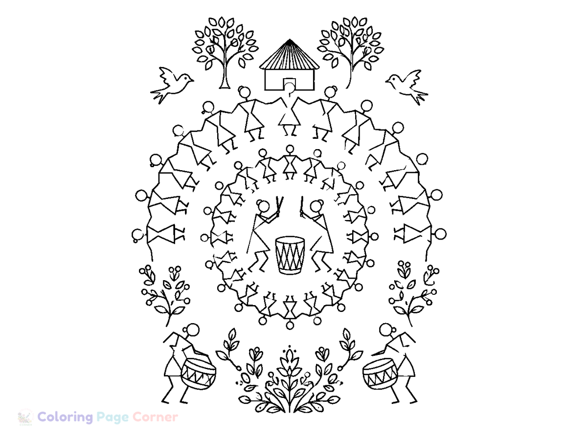 Free Warli Dance Circle Pattern Coloring Page outline