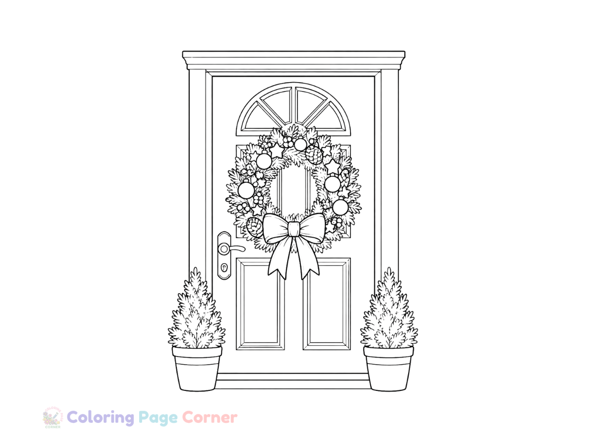 Holiday Wreath on a Door Coloring Page for Kids outline