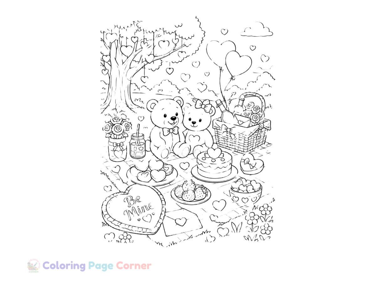 Printable Sweet Valentine Picnic Coloring Page outline
