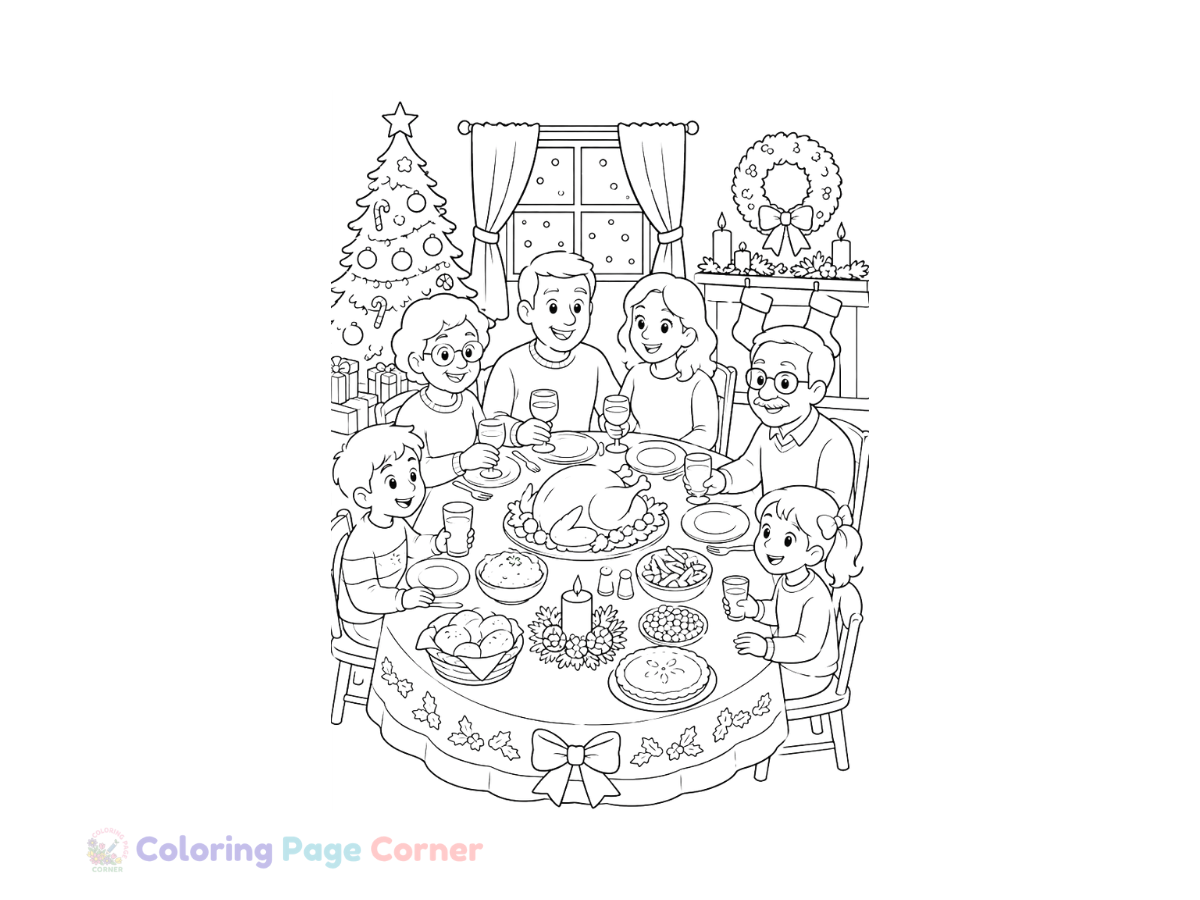 Printable Family Holiday Dinner Coloring Page outline
