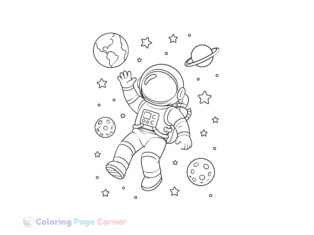 Astronaut Floating in Space Coloring Page for Kids outline