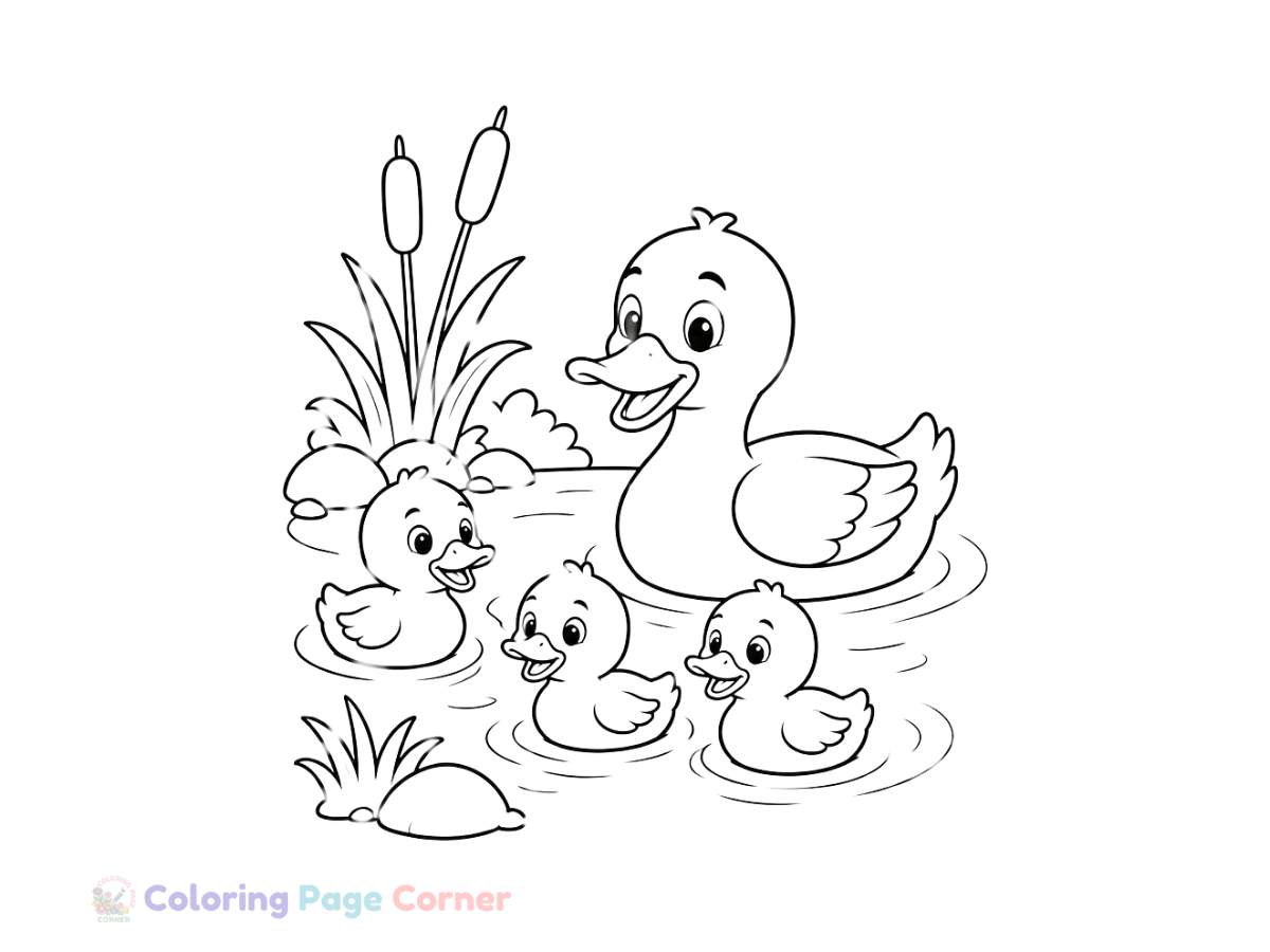 Printable Duck Family Swimming Coloring Page outline
