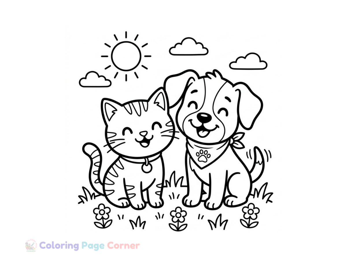 Printable Puppy and Kitten Friends Coloring Page outline