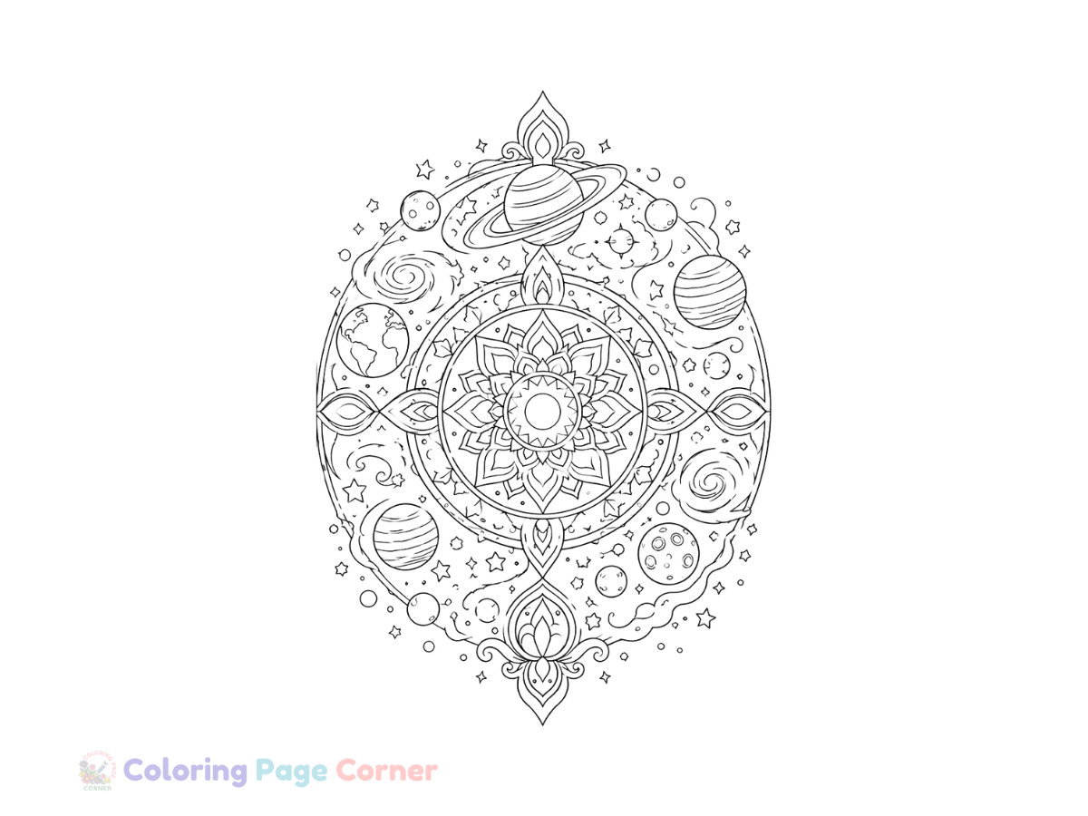 Cosmic Galaxy Mandala Coloring Page for Kids outline