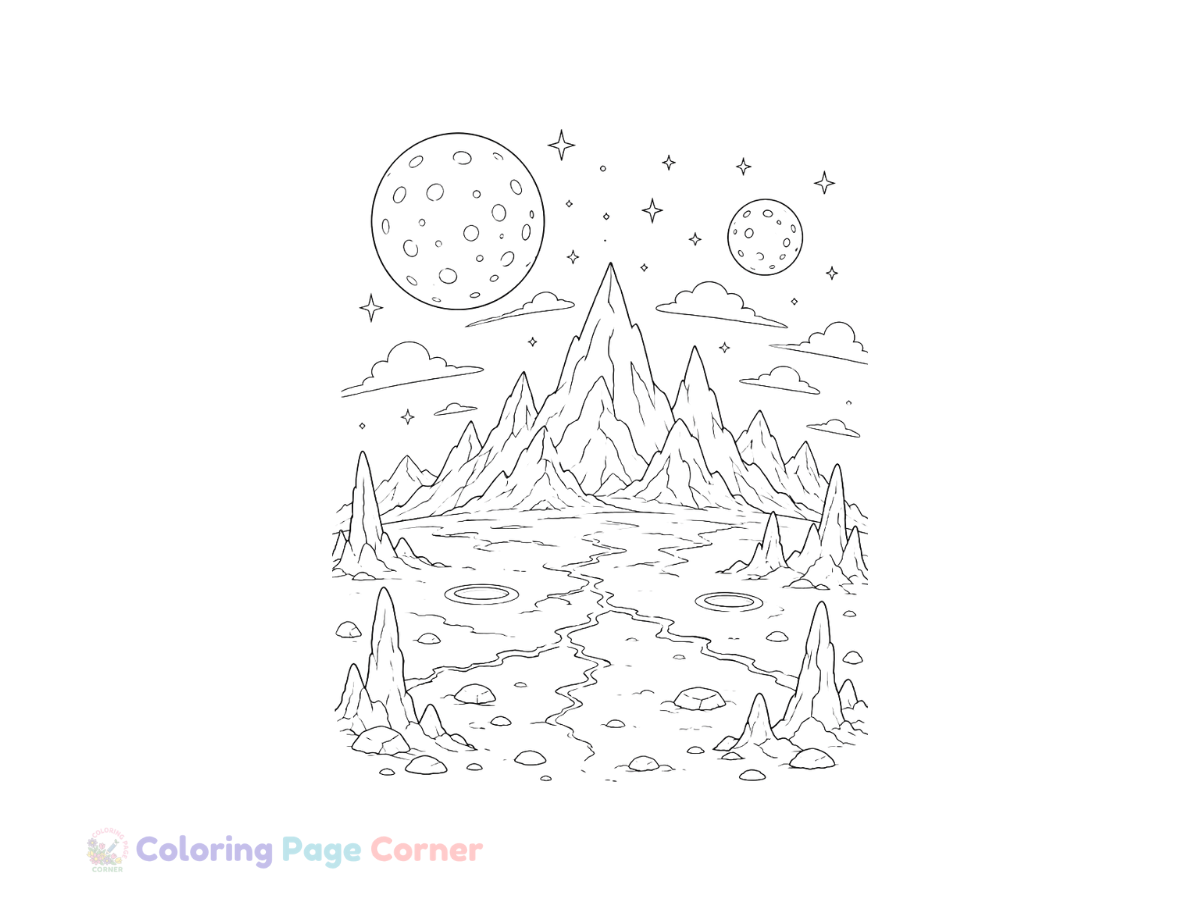Free Alien Planet Landscape Coloring Page outline