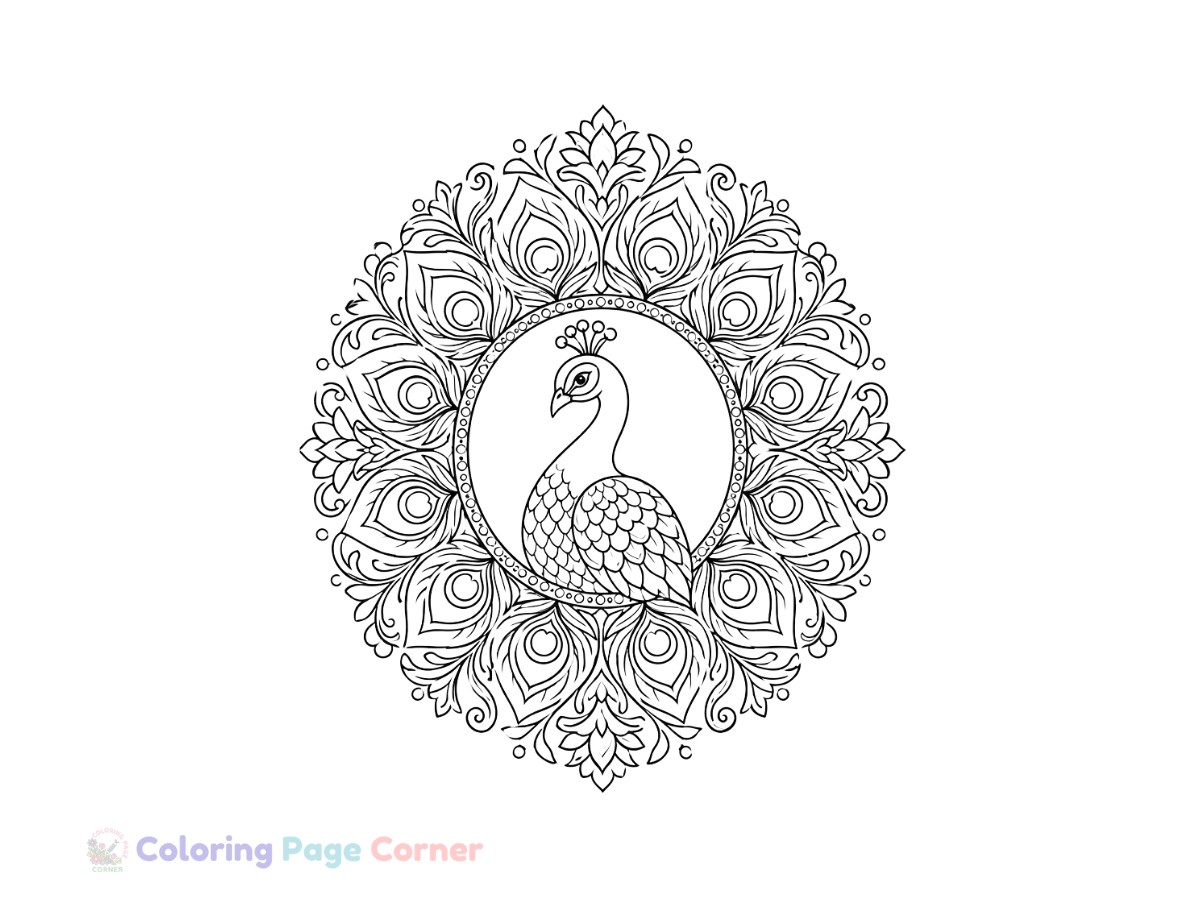 Peacock Wreath Mandala Coloring Page for Kids outline