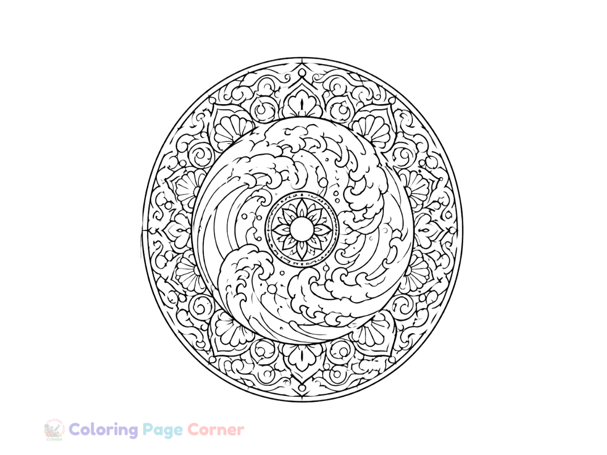Printable Ocean Wave Mandala Coloring Page outline