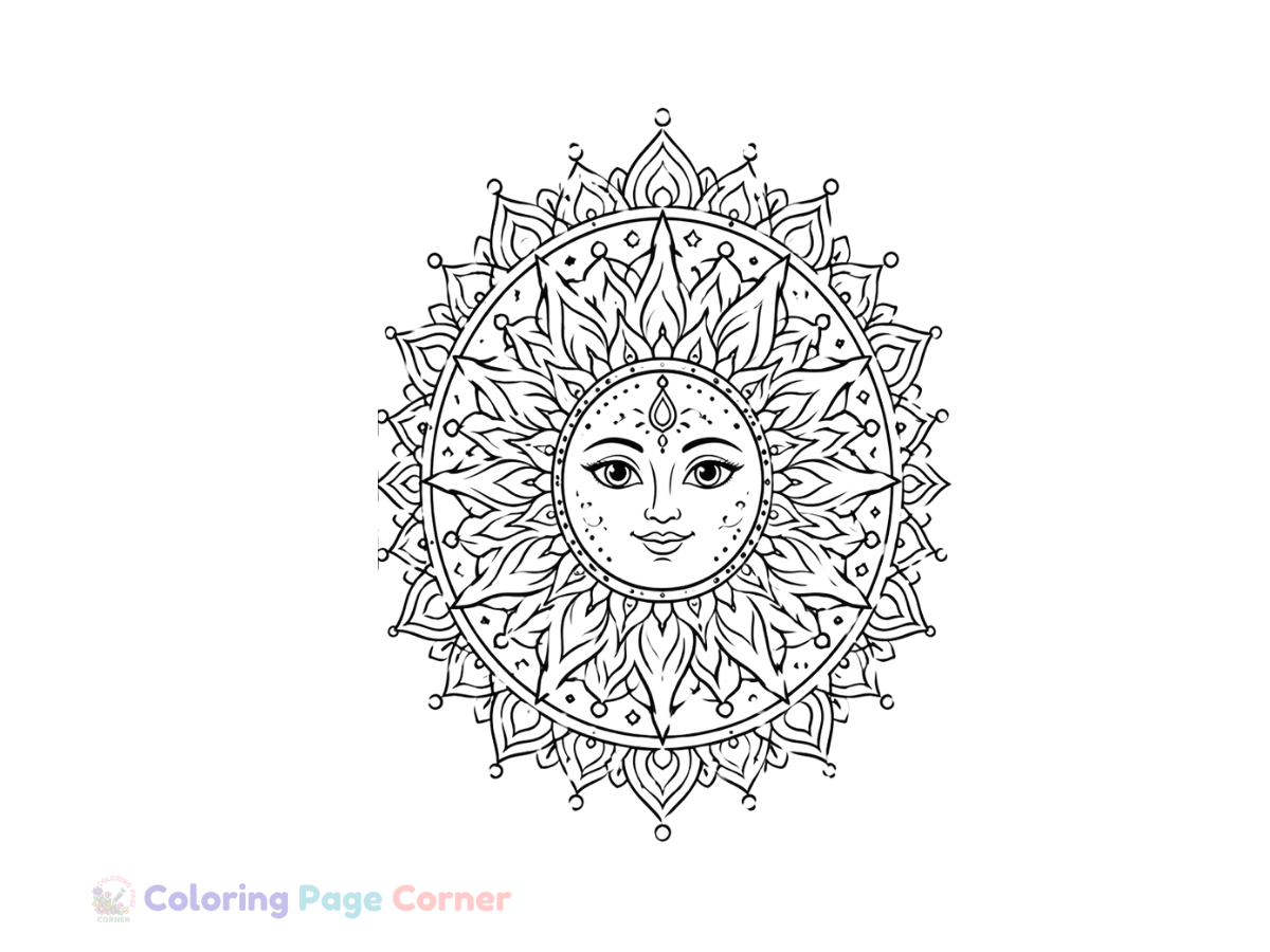 Free Radiant Sunburst Mandala Coloring Page outline