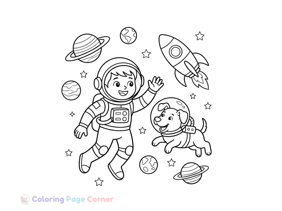 Astronaut with Space Dog Coloring Page for Kids outline