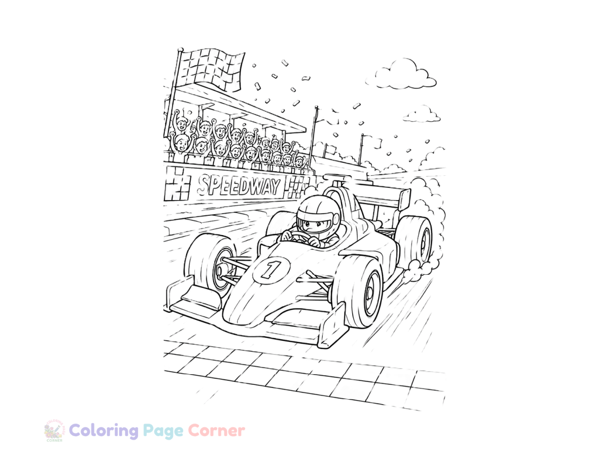 Free Race Car in Action Coloring Page outline