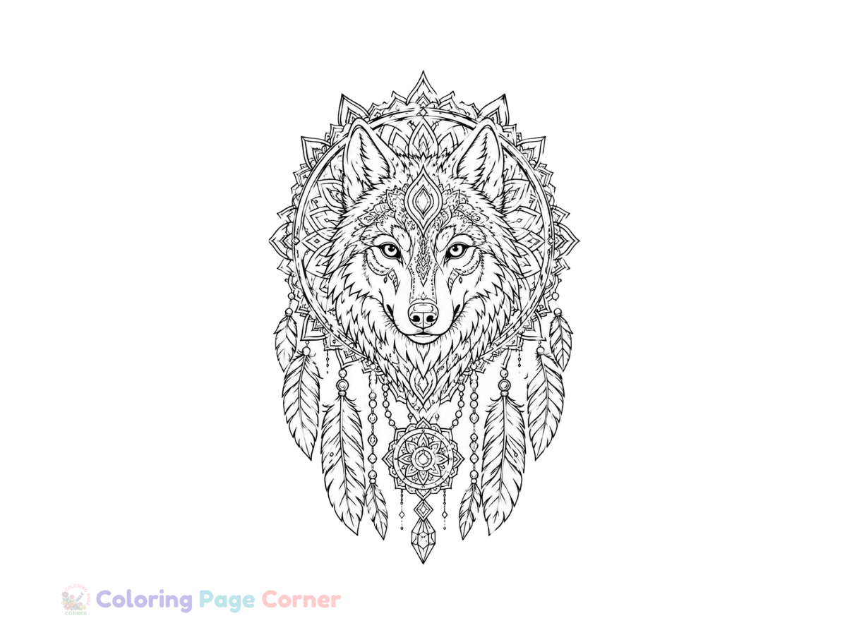 Printable Wolf Spirit Mandala Coloring Page outline