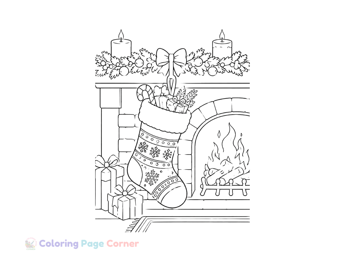 Free Holiday Stocking by the Fireplace Coloring Page outline