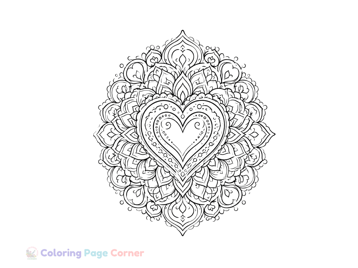 Heart Mandala Coloring Page for Kids outline