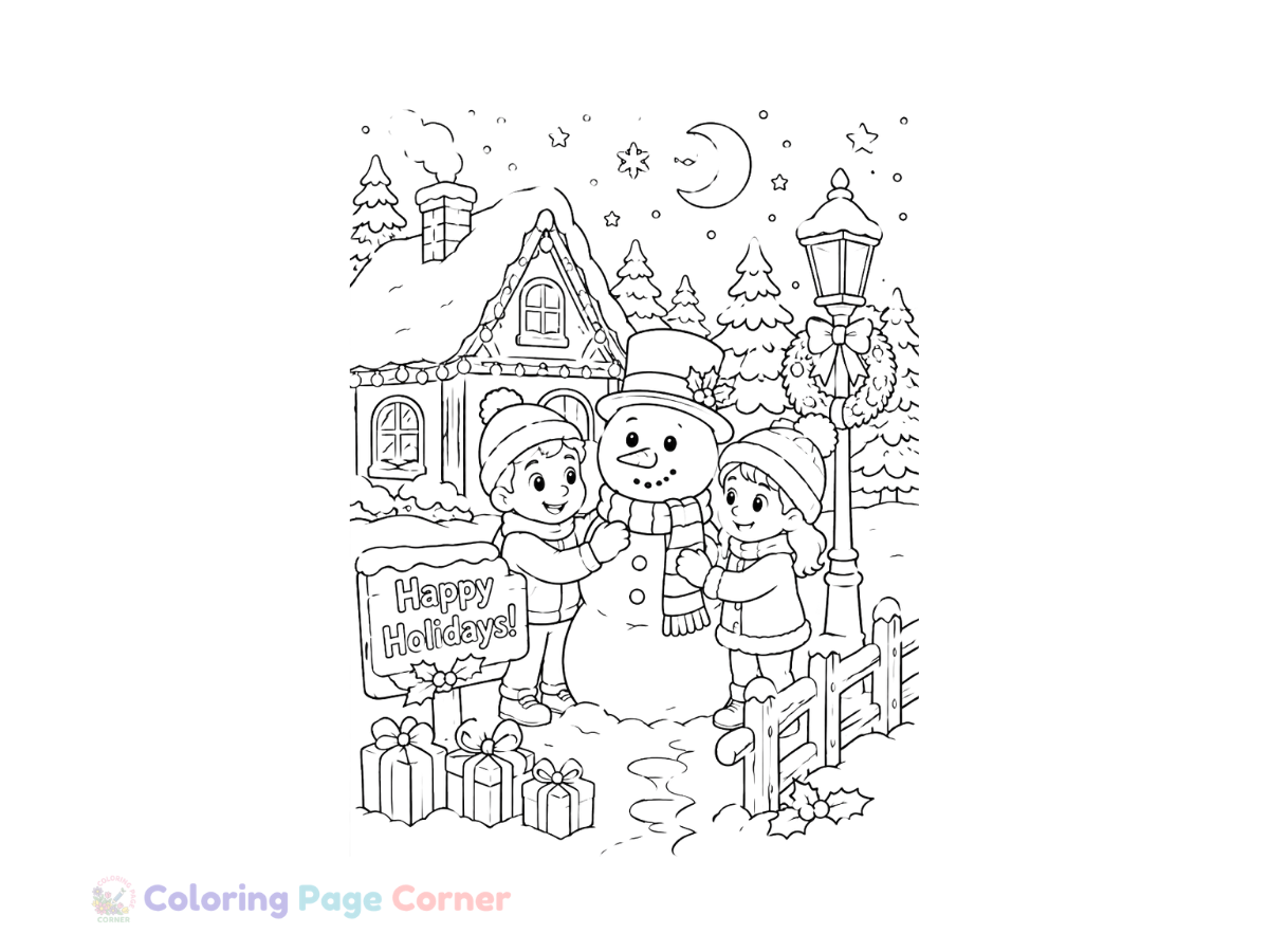 Holiday Greeting Card Scene Coloring Page outline