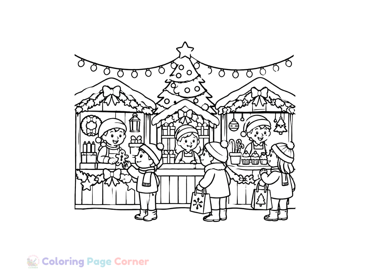 Printable Holiday Market Stalls Coloring Page outline